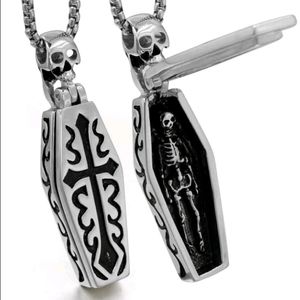 NWT Opening Coffin Skeleton Pendant Necklace Stainless Steel Silver Black